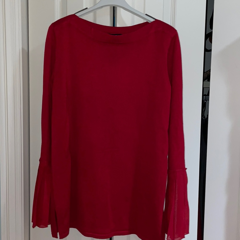 Cable & Gauge red boatneck sweater with chiffon pleated bell sleeve. Size M.